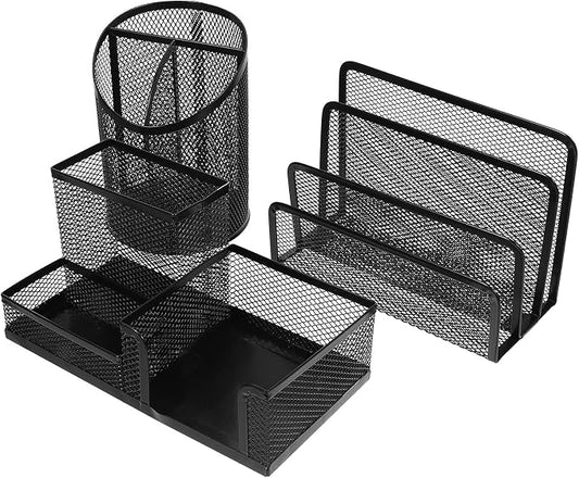 3Pcs Mesh Desk Organizer Pen Holder Set with Multi-Compartment Storage, Black Metal Office Supply Organizers for Student and Office Desk Use