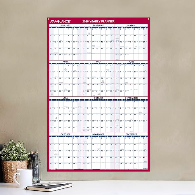 AT-A-GLANCE 2026 Erasable Calendar, Dry Erase Wall Planner, 36" x 24", Large, Vertical-Horizontal, Reversible (PM26B2826)