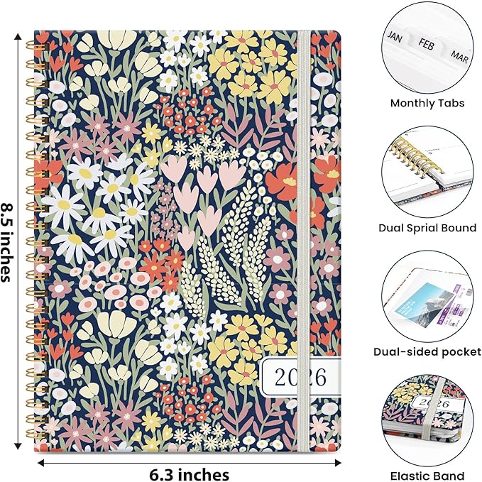 2026 Planner, Weekly and Monthly Planner for Women, January 2026 - December 2026, Hardcover 2026 Calendar Planner Book with Tabs, Inner Pocket, Spiral Bound, Perfect for Office Home School Supplies - A5 (6.3" x 8.5"), Petite Blooms
