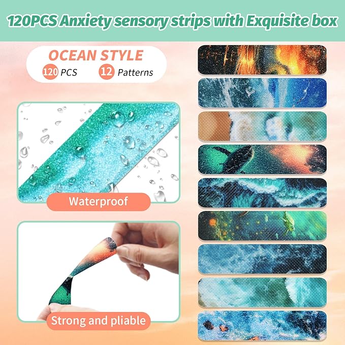 120 Pieces Anxiety Sensory Stickers with 2 Textured Stickers - Desk Fidget and Calming Sticker with Storage Box for Adults & Teens - Anxiety Relief Sensory Strips (Ocean)
