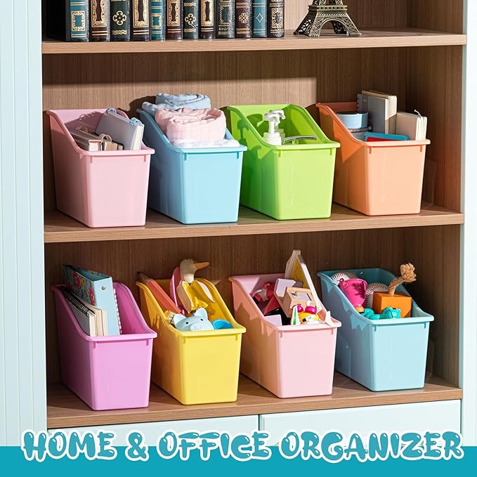 Geetery 24 Pcs Book Bin for Classroom with Labels Stackable Plastic Organizing Bins 11.5 x 5.4 x 7.5 in Book Holders Storage Bins Box Baskets for Classroom Library Home (Pastel Color)