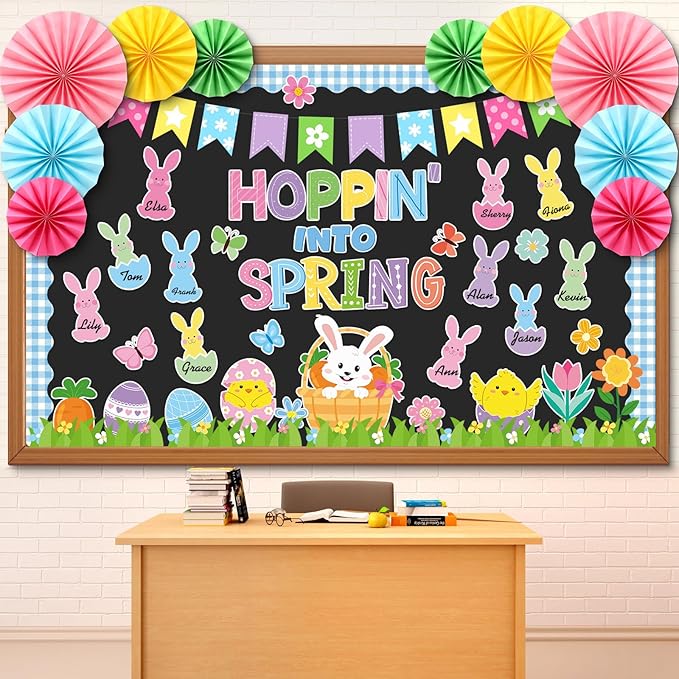 Eersida Spring Bulletin Board Set with Paper Fans 3D April Classroom Decorations Hopping in Spring Bulletin Board Cutouts for Elementary Middle School Classroom Office Supplies