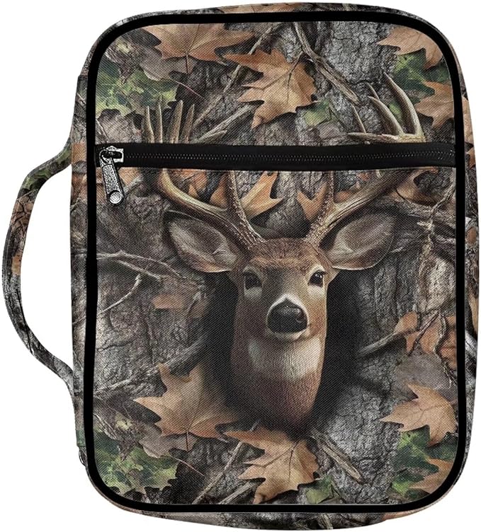 Suobstales Deer Camo Print Bible Cover Carrying Book Case for Women Men Lightweight Bible Bag Bible Protective with Handle and Zippered Pocket