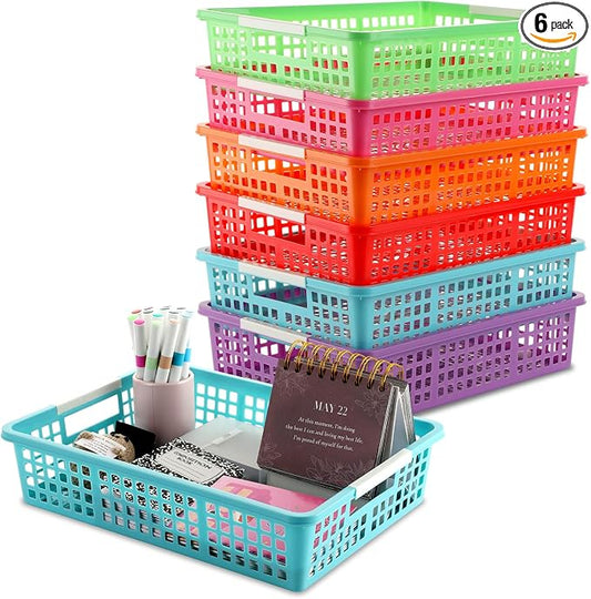 6 PCS Plastic Classroom Turn in Paper Trays Storage Bin Basket Organizers Holds 4A Paper File for School Teacher Supplies Classroom Office Home Organization and Storage Tray (Colorful)
