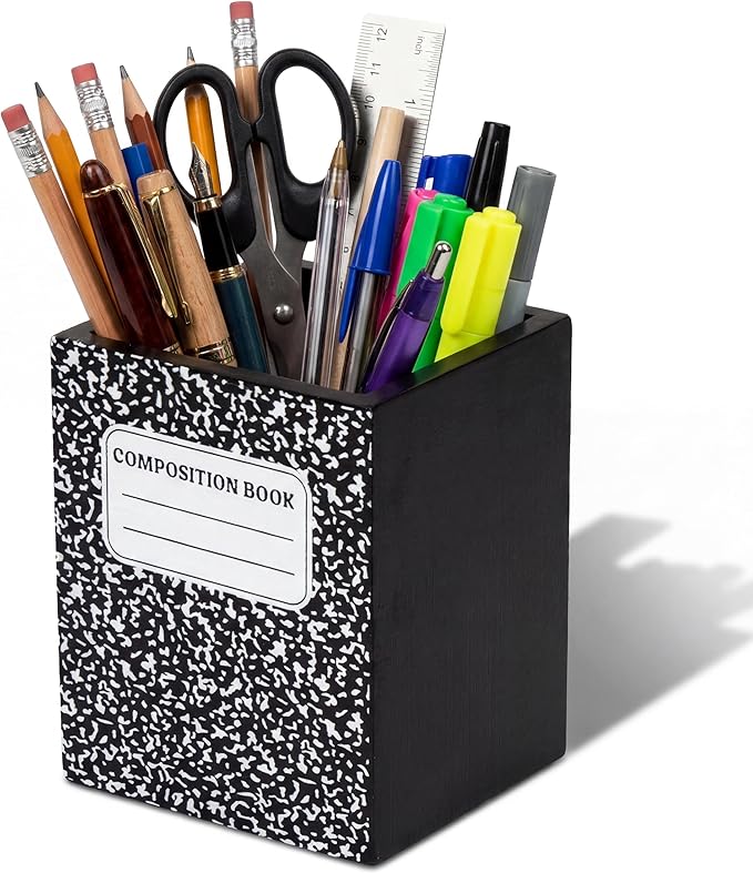 MALLMALL6 Wooden Pencil Holder - Back To School Pen Desk Organization, Notebook Shape Desktop Caddy Case for Teacher Student, Keep Your Desk Tidy for Classroom Office Home Dorm