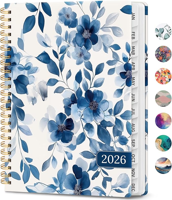 2026 Planner, Weekly and Monthly Calendar Planner Book, January 2026 - December 2026, Hardcover Spiral Planner with Monthly Tabs, Notes Pages, Perfect for Women & Men, A5 (6.4" x 8.5") - Blue Floral