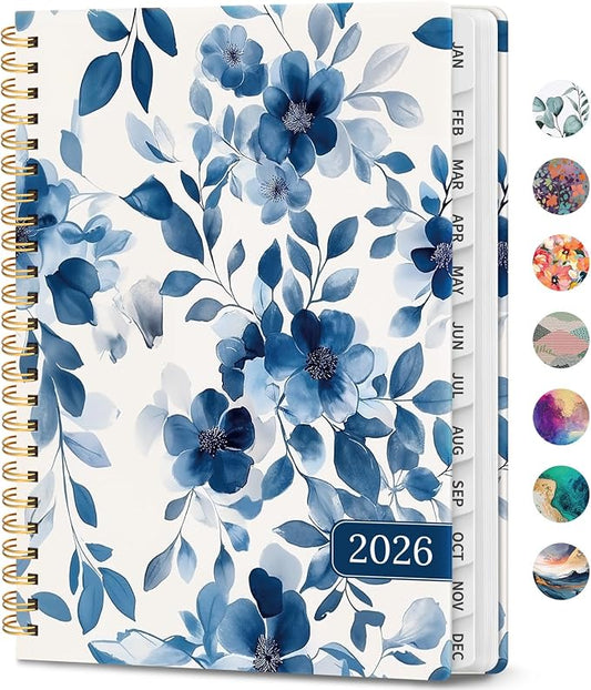 2026 Planner, Weekly and Monthly Calendar Planner Book, January 2026 - December 2026, Hardcover Spiral Planner with Monthly Tabs, Notes Pages, Perfect for Women & Men, A5 (6.4" x 8.5") - Blue Floral