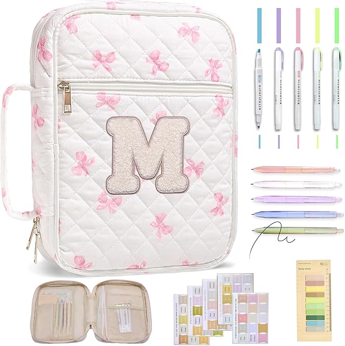 Personalized Initial Bible Cover Case for Women – Large Quilted Bible Bag with Handle, Chenille Letter, Bible Study Kit, Christian Gift for Mom, Grandma & Daughter (Pink Bow-M)