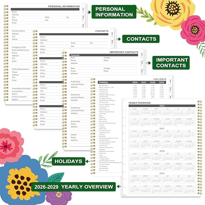 2026-2029 Monthly Planner - 3 Year Monthly Planner 2026-2029, Jul.2026 - Jun.2029, 9" x 11", 3 Year Calendar with 36-Month Tabs, Inner Pocket - Floral
