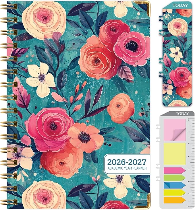 HARDCOVER Academic Year 2026-2027 Planner: 14 Months (May 2026 Through June 2027) 5.5"x 8" Daily Weekly Monthly Planner Yearly Agenda. Bookmark, Pocket Folder and Sticky Note Set (Teal Floral)