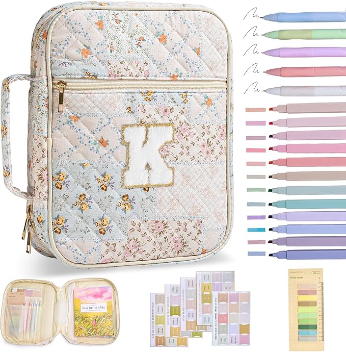 Initial Bible Cover Case for Women Girls Kid Large Bible Cover with Durable Handle Quilted Bible Carrying Case for Girls Bible Study Supplies Accessories (Spliced Flower K, one Size)