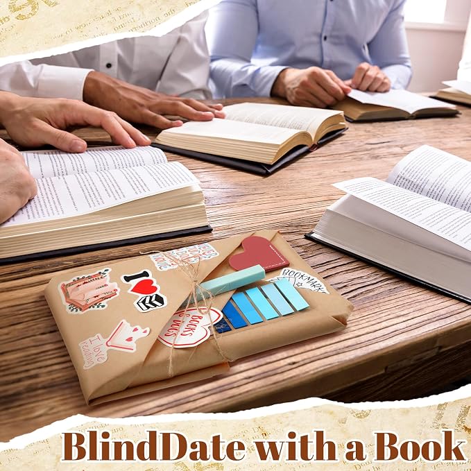 6 Set Blind Date with a Book Supplies, DIY Book Lovers Gift Bulk with Kraft Index Tabs Bookmarks Heart Tags Ballpoint Pens Highlighters Stickers for Librarian Readers Women Men Club Gifts