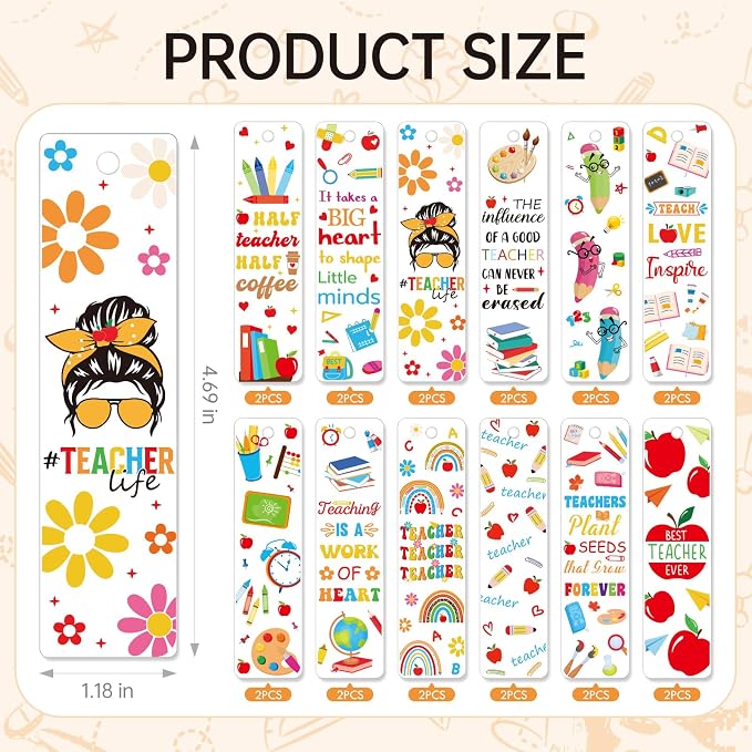 AFRITEE UV DTF Wraps Stickers - 24 Pcs Boho Thank You Teacher Theme Acrylic Bookmark Sticker, Pencil Apple Floral Cold Transfer Stickers for Bookmarks Uvdtf Decals Wrap Creative Gifts for Teachers