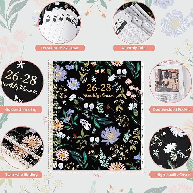 Monthly Planner 2026-2028 - 2 Year Planner 2026-2028, July 2026 - June 2028, 2 Years Monthly Planner, 9" x 11", Monthly Calendar Planners with Inner Pocket, Twin-wire Binding, Tabs