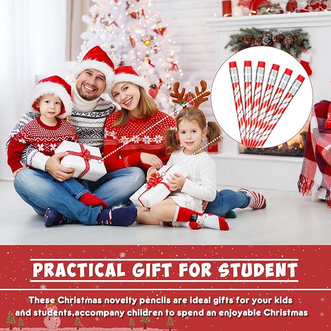 Queekay Christmas Gift Candy Cane Prism Pencils Bulk for Classroom Toppers Xmas with Erasers Cute Writing Pencils for Teacher Rewards Stocking Stuffers Supplies(24 Pieces)