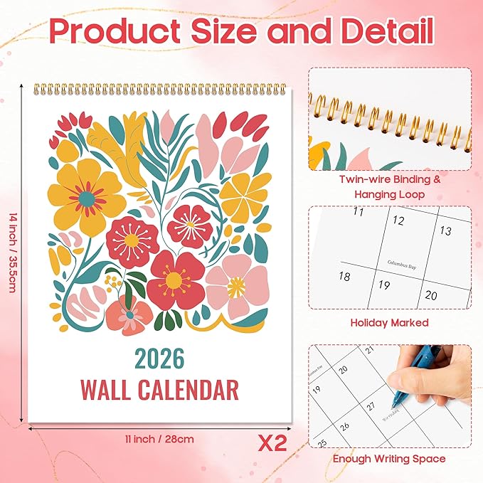 JAPBOR Aesthetic Floral Design Calendar - 2PCS 2026 Abstract Flower Wall Calendar, 12 Months Hanging Planner with Thick Paper, Floral Themed Weekly Monthly Organizer for Home Office Living Room (14" x 11")
