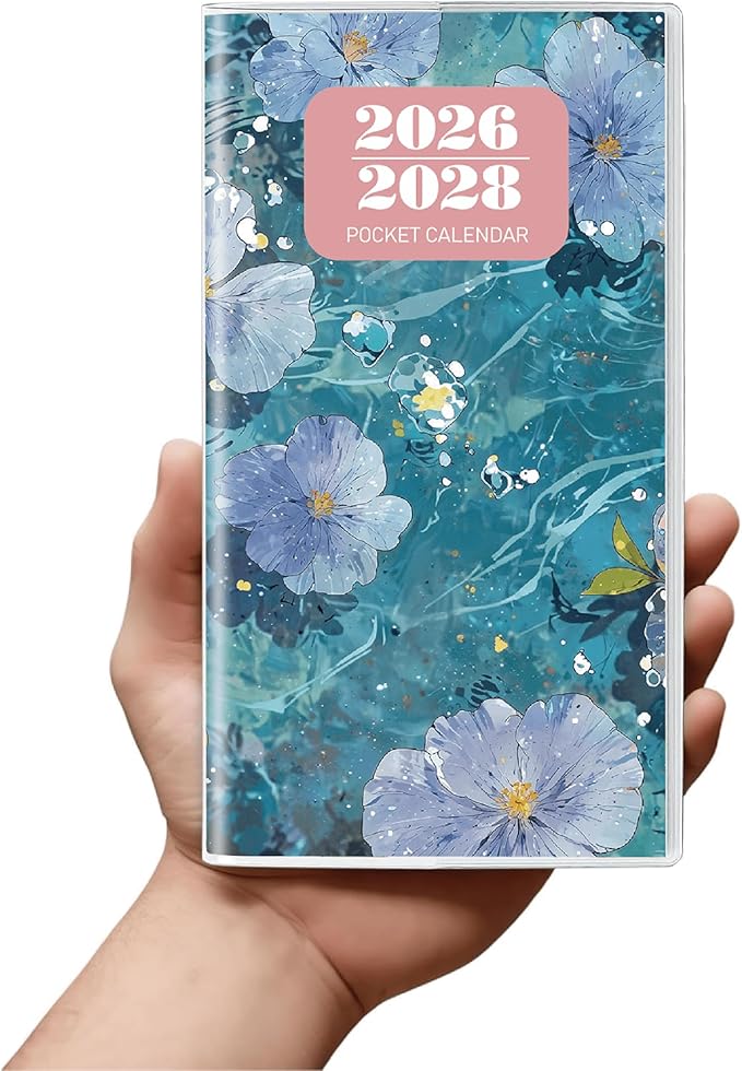 Pocket Calendar 2026-2028 Floral Series, Monthly Planner Jan 2026 to Jul 2028 (3.7" x 6.7") Perfect Purse Calendar, Pocket Agenda with Protective Plastic Sleeve-Blue Floral