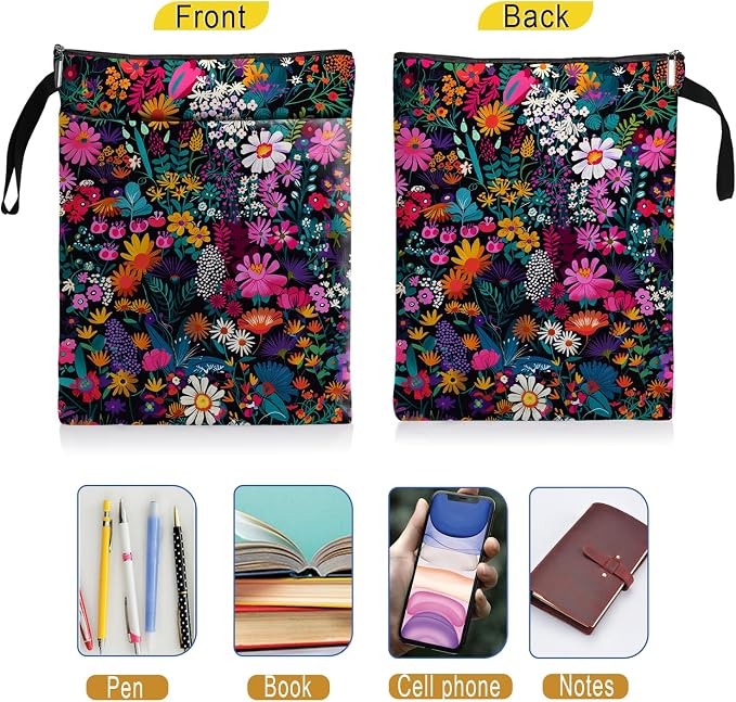 Flower Pattern Book Sleeve,Book Lovers Gifts Waterproof Book Cover for paperbacks with Zipper and Front Pocket Book Pouch for Women Teacher Birthday Graduation Christmas Gifts (Wildflower1604)