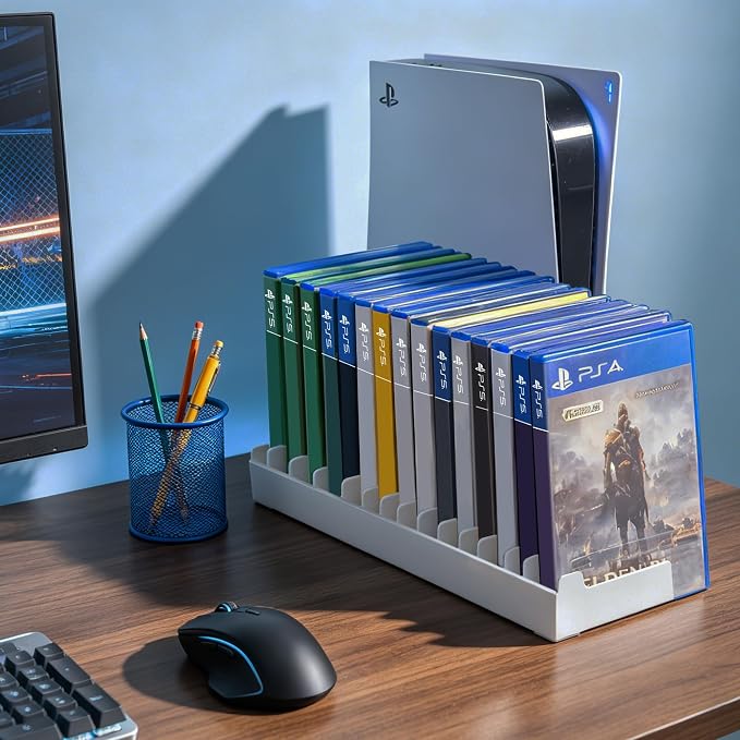 4 Pack Video Game Storage Holder for PS5/PS4/PS3/PS2/Xbox One/Xbox 360/Xbox Series X/S/Wii/Switch/Switch 2 Game Cases, 16-Disc Capacity DVD & Blu-Ray Organizer Stand for Desk (White)