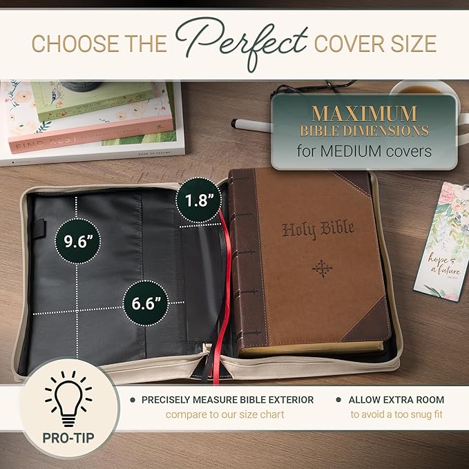Christian Art Gifts Fashion Premium Vegan Leather Inspirational Bible Cover for Women: Everything Beautiful Encouraging Golden Bible Verse, Pen Loops, Pockets, Taupe & White Multicolor Floral, Medium