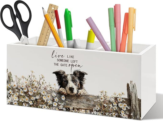 Border Collie Gifts Pen Holder Organizer, Rustic Farmhouse Dog Gifts for Women Desk Decor, Live Like Someone Left the Gate Open Wooden Pen Pencil Holders for Vintage Desk Accessories