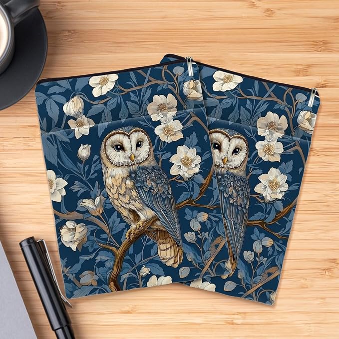 Vintage Flower Owl William Morris Book Sleeve for Book Lovers, Bookish Book Protector with Zipper, Washable Fabric Book Cover for Paperbacks & Hardcovers,11.4 x 9.1Inches (Blue-Owl, Medium)