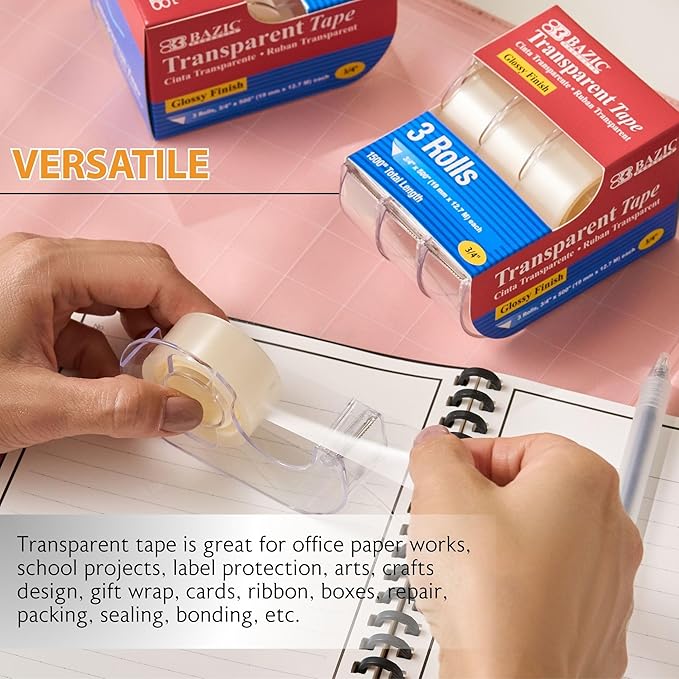 BAZIC PRODUCTS Transparent Tape, 3 Rolls, 0.75" x 500" Each