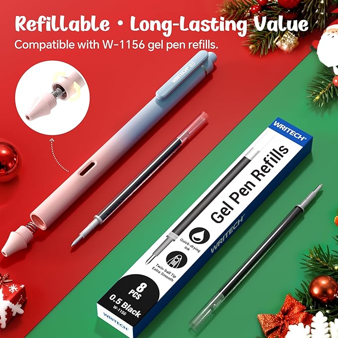 WRITECH Fine Point Gel Pens: 0.5mm 4ct Retractable Click Pen Black Ink Gradient Aesthetic Color Pen Barrel Smooth Writing Journaling No Bleed Christmas Gift for Nurse Student Office