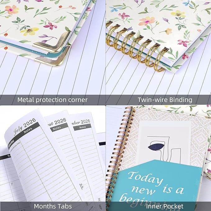 2026 Monthly Planner, Jan.2026 - Dec.2026 Weekly Monthly Planner 6.25"x8.5" with Page Tabs, Calendar Hardcover with Inner Pocket, Elastic Band, Twin-Wire Binding, Bookmark, Colored Flower