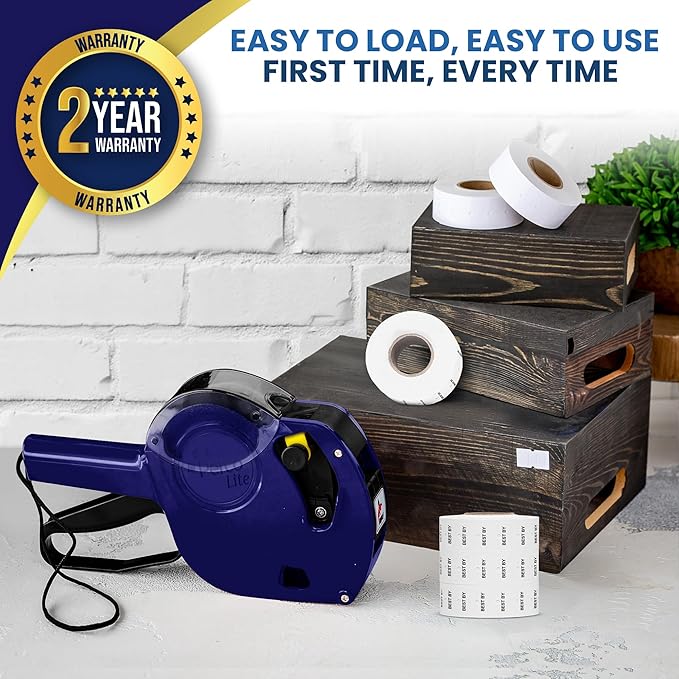 Perco Lite 1 Line Date Gun Kit - Includes 2 White Rolls, 1 Gun Clip, 4 Rolls of Best by Labels, 2 Ink Rollers - 1 Ink roll and Labels Pre-Loaded