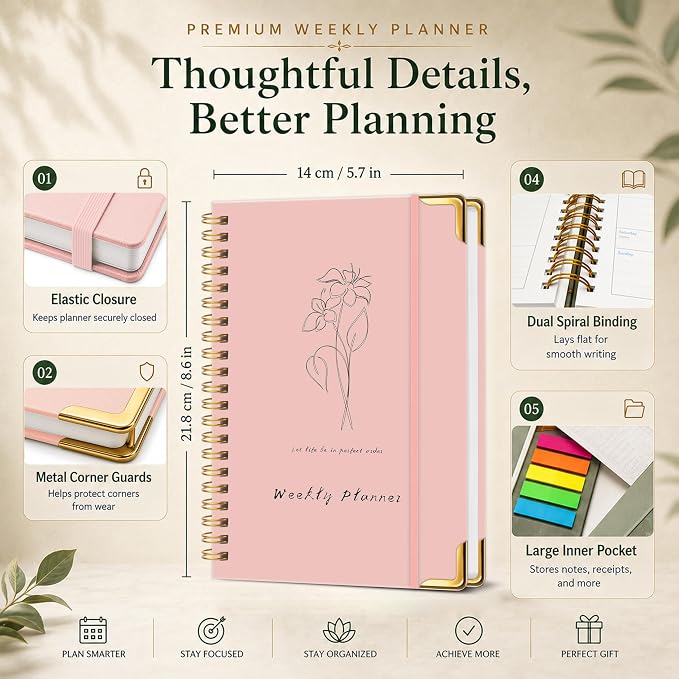 Undated Weekly Planner, Weekly To Do List Notebook with Goal & Habit Tracker Organizer, A5 Hardcover Weekly Planner for ADHD, Office School Home Supplies, Reduces Stress and Boosts Productivity - Pink