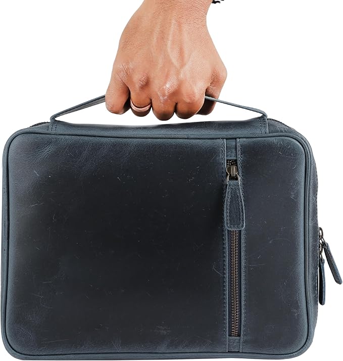 Leather Bible Cover for Men & Women – Zippered Bible Case with Handle, Note & Pen Organizer – Fits Large Study Bible – 11.5x8.5 Inch (Blue)