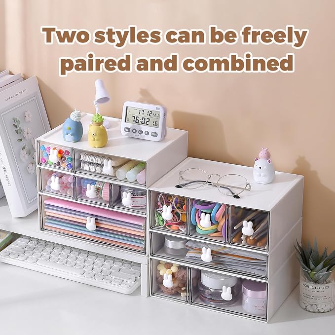 Plastic Desk Organizer with Drawers,Desktop Organizer Drawers Storage,3 Tier Drawer Organizer with 6 Drawers,Stackable Storage Drawers for Office （H 9.6in）, White