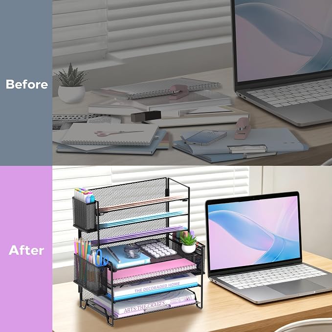 SUPEASY 7 Tier Desk Organizer with 3 Pen Holders, Heavy Duty Metal Letter Tray Paper File Organizer for Home Office School Classroom, Black