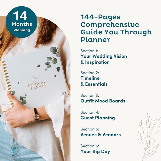 Timeless Premium Wedding Planner Book and Organizer – Wedding Planning Book, Comprehensive Keepsake & Countdown Binder, Perfect Engagement Gift for Women, 11" x 9" (Eucalyptus)