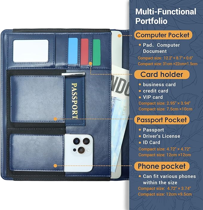 Embossed Professional Trifold Padfolio with Magnetic Closure – A4 Letter Portfolio Organizer for Business Meetings, Interviews & Presentations, Document Folder with Notepad Holder Blue