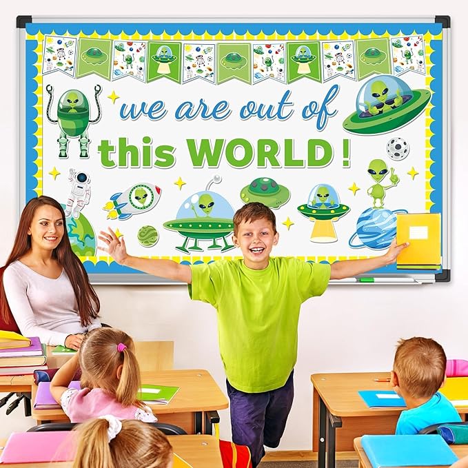 QOUBAI Outer Space Theme Bulletin Board Set Alien Classroom Bulletin Board Decorations Space Astronaut Planet Cutouts Classroom Decorations for Back to School Office Home Chalkboard Decor Wall Door