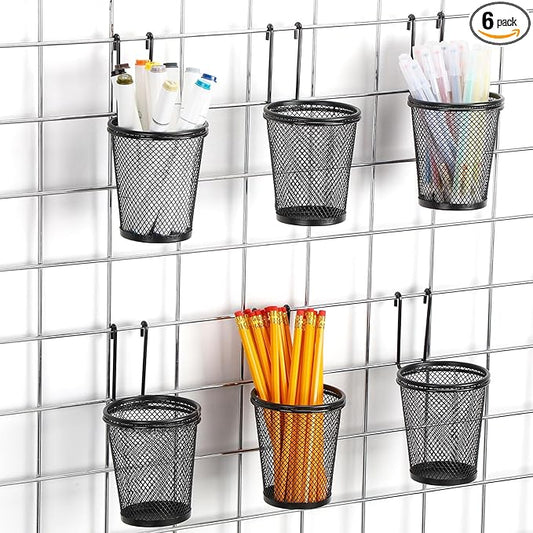 6 Sets Grid Wall Cups with Ring Hooks, hanging pencil holder Wall Mount Wire Grid Panel Pen Holder Organizer gridwall Accessories for Office Home Garage