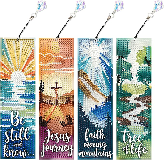 Bible Diamond Art Bookmarks for Adults, 4 PCS Landscape Diamond Painting Bookmarks with Pendant, 5d Gem Art, Acrylic Bookmark Easy DIY Crafts for Books Decor Gift