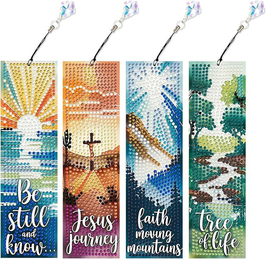 Bible Diamond Art Bookmarks for Adults, 4 PCS Landscape Diamond Painting Bookmarks with Pendant, 5d Gem Art, Acrylic Bookmark Easy DIY Crafts for Books Decor Gift