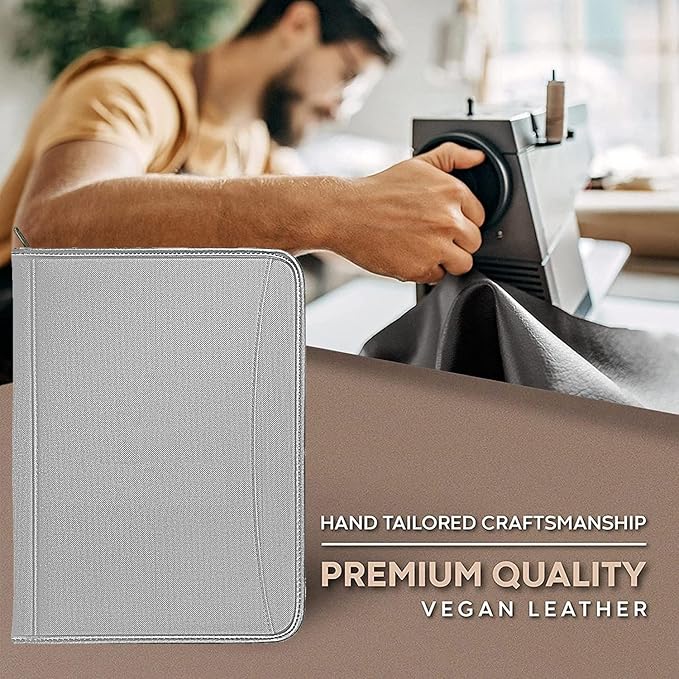 Zippered Portfolio Organizer/ A4 Refillable Lined Writing Notepad Folder Case/Fabric-Covered Padfolio Binder with Interior Storage Pocket for Men Women, Gray.