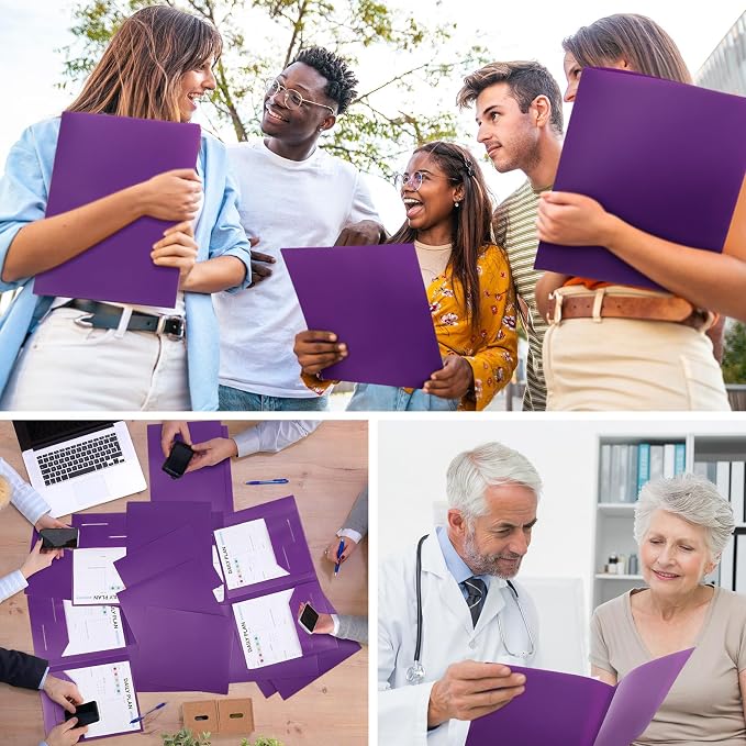 Fulmoon 48 Pack Plastic Folders with 2 Pockets Bulk 11 x 9 Inch Heavy Duty File Pocket Folders and 4 Card Slots Fit Letter Size Paper Cards for Back to School Office Home Supply(Purple)