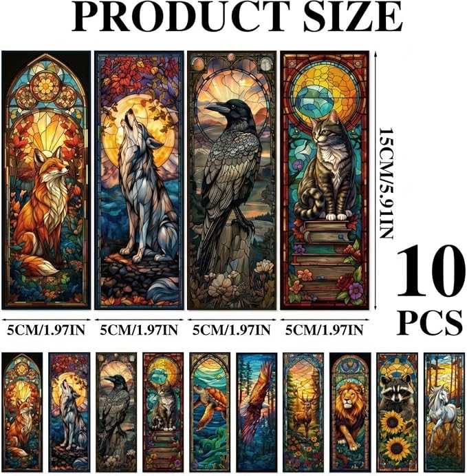 Cute Animals Bookmark Gifts - 10 Pcs Fantasy Cool Cats Stained Glass Art Bookmarks for Women Book Lovers Students Pretty Page Marks School Reading Accessories Bookish Birthday Graduation Gift