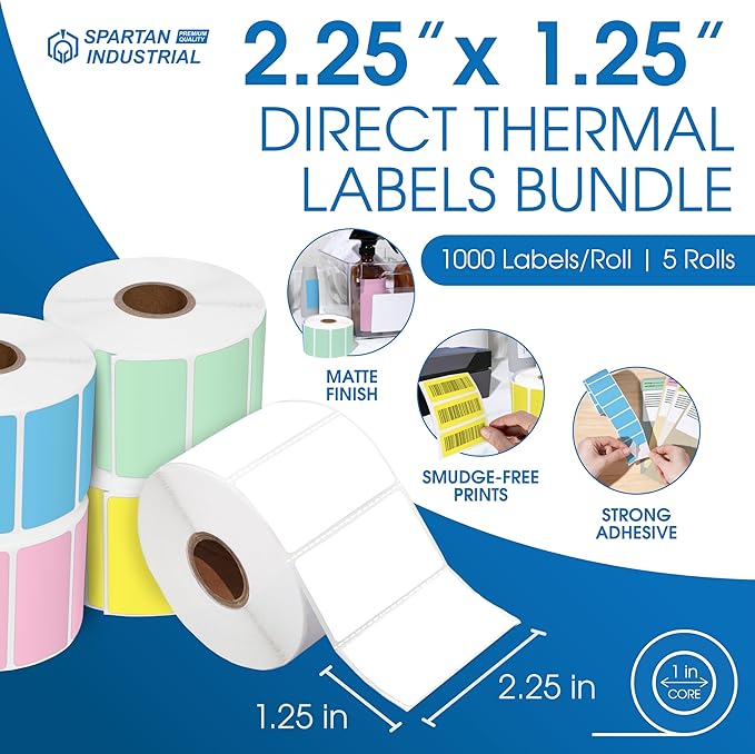 Spartan Industrial - 2.25" X 1.25" 5-Color Direct Thermal Labels (5000 Count, 5 Rolls) Perforated Barcode Address Stickers in 5 Colored Thermal Label Rolls - Compatible with Rollo and Zebra Printers