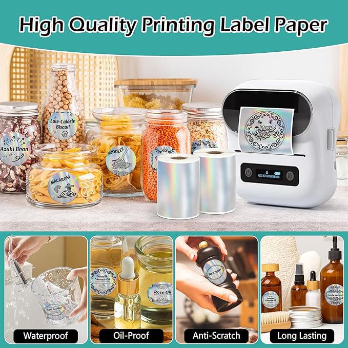 2 Rolls Thermal Labels Custom Sticker for Phomemo M110/M120/M220/241BT- Holographic Sliver Circle Sticker for MUNBYN130B/RW402B Label Maker Printer,1.96" Laser Label Paper for Logo,Name,Price,Barcode
