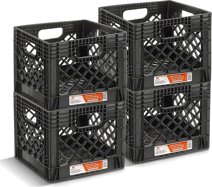 Juggernaut 16 Quart Storage Crate, Milk Crate Plastic Basket w/ 4 Handles, Organizer Bins for Office Storage & Classroom Organization, 4-Pack, Black