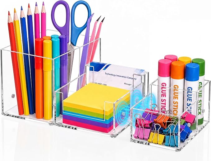 Novabright Magnetic 3-in-1 Clear Acrylic Desk Organizer, 6 Compartment Modular Pen Pencil Holder with Sticky Note Tray, Stationery Caddy & Desktop Storage Organizer for Office Home