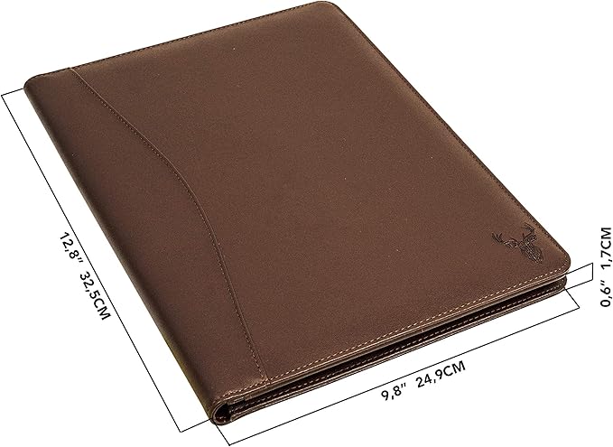 Wundermax Portfolio Binder - 12.8 x 9.8 x 0.6 Inch Vegan Leather Padfolio for Women and Men w/Notepad, Pockets for Tablet, Resume and Documents - Brown