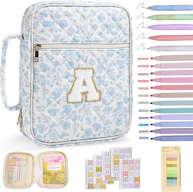 Personalized Initial Bible Cover Case for Women Girls Kid Large Bible Cover with Durable Handle Quilted Bible Carrying Case for Girls Bible Study Supplies Accessories (Blue Flower A, one Size)