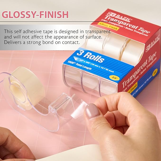 BAZIC PRODUCTS Transparent Tape, 3 Rolls, 0.75" x 500" Each